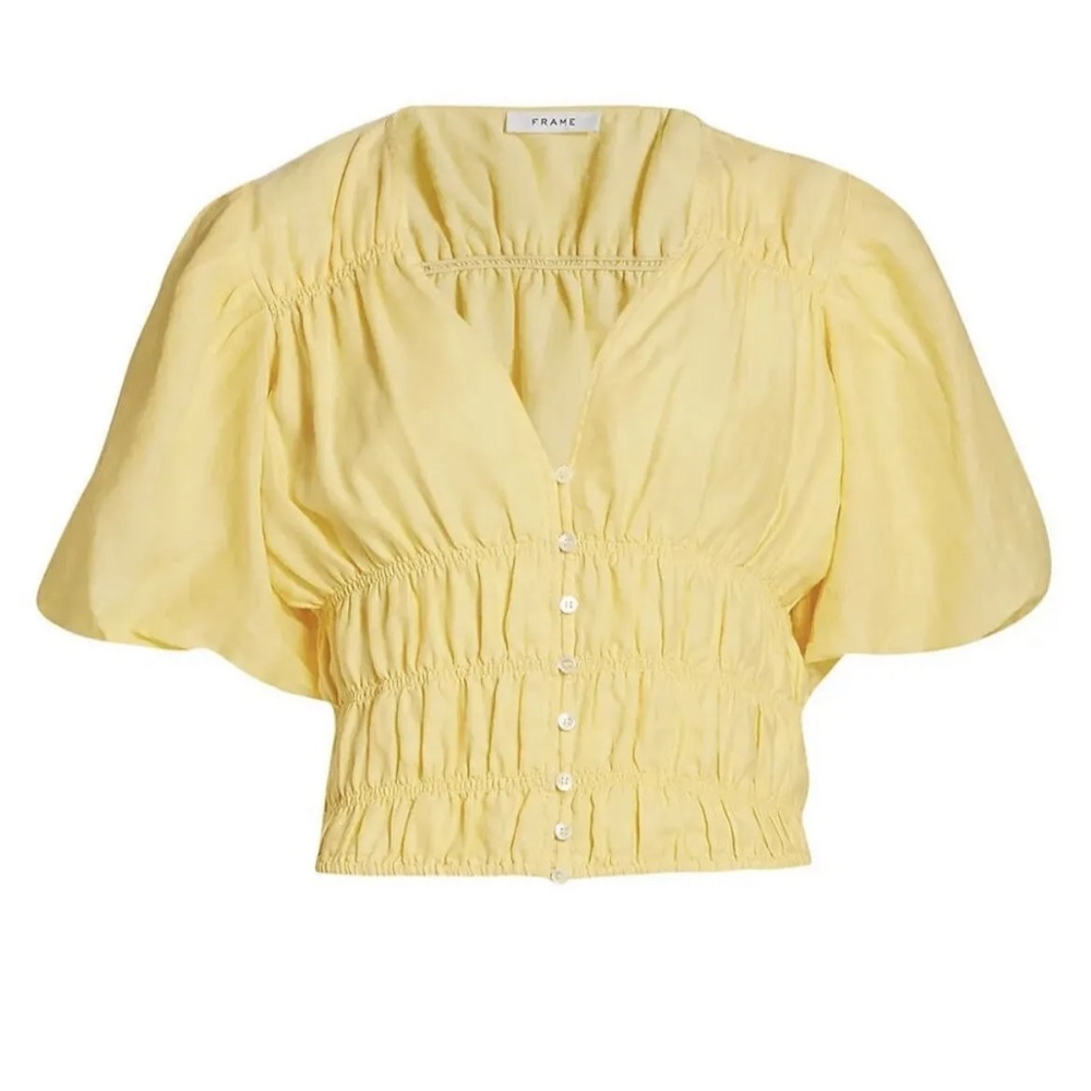 FRAME Julienne Ruched Puff Sleeve Yellow Top Size L